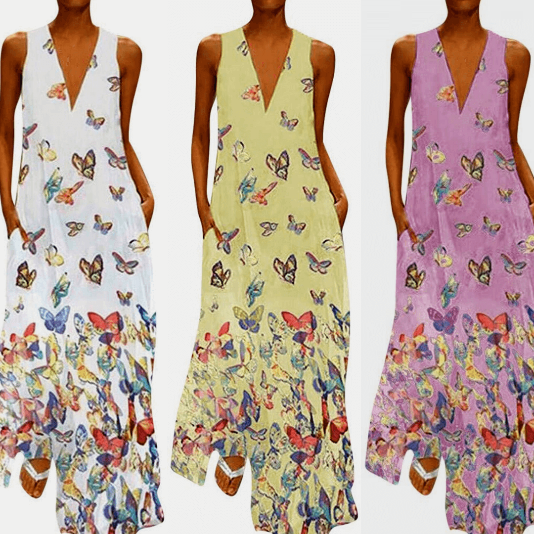 Ärmelloses Maxikleid Mit Schmetterlingsmuster-Bella Webshop