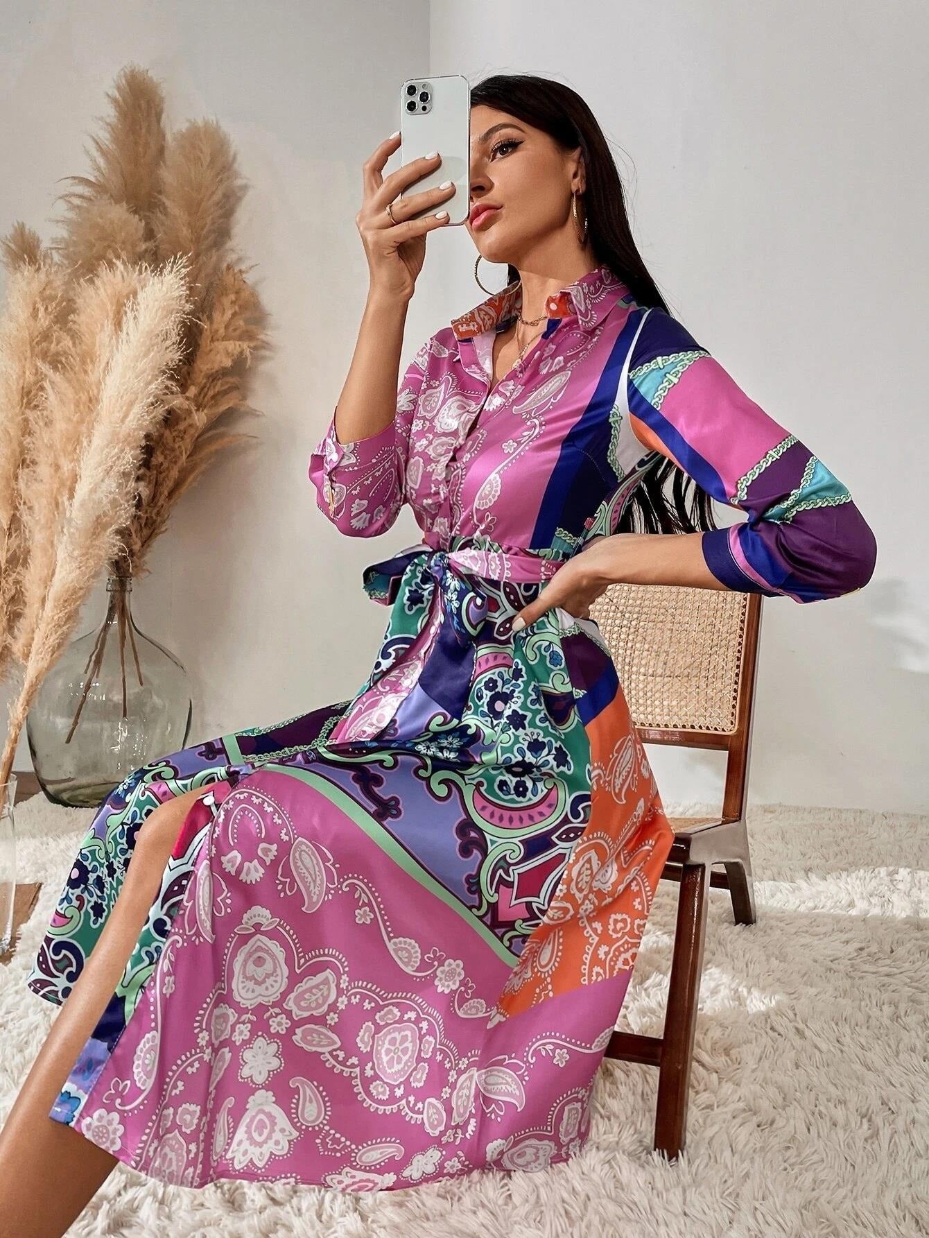 Bedrucktes Hemdkleid Mit Gürtel-Bella Webshop