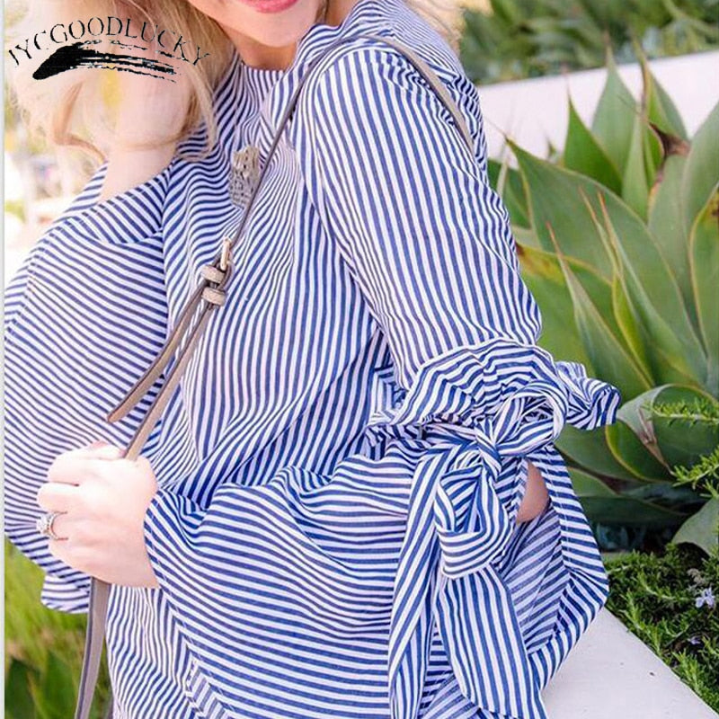 Damen Streifen Bowknot Flare Sleeve-Bella Webshop
