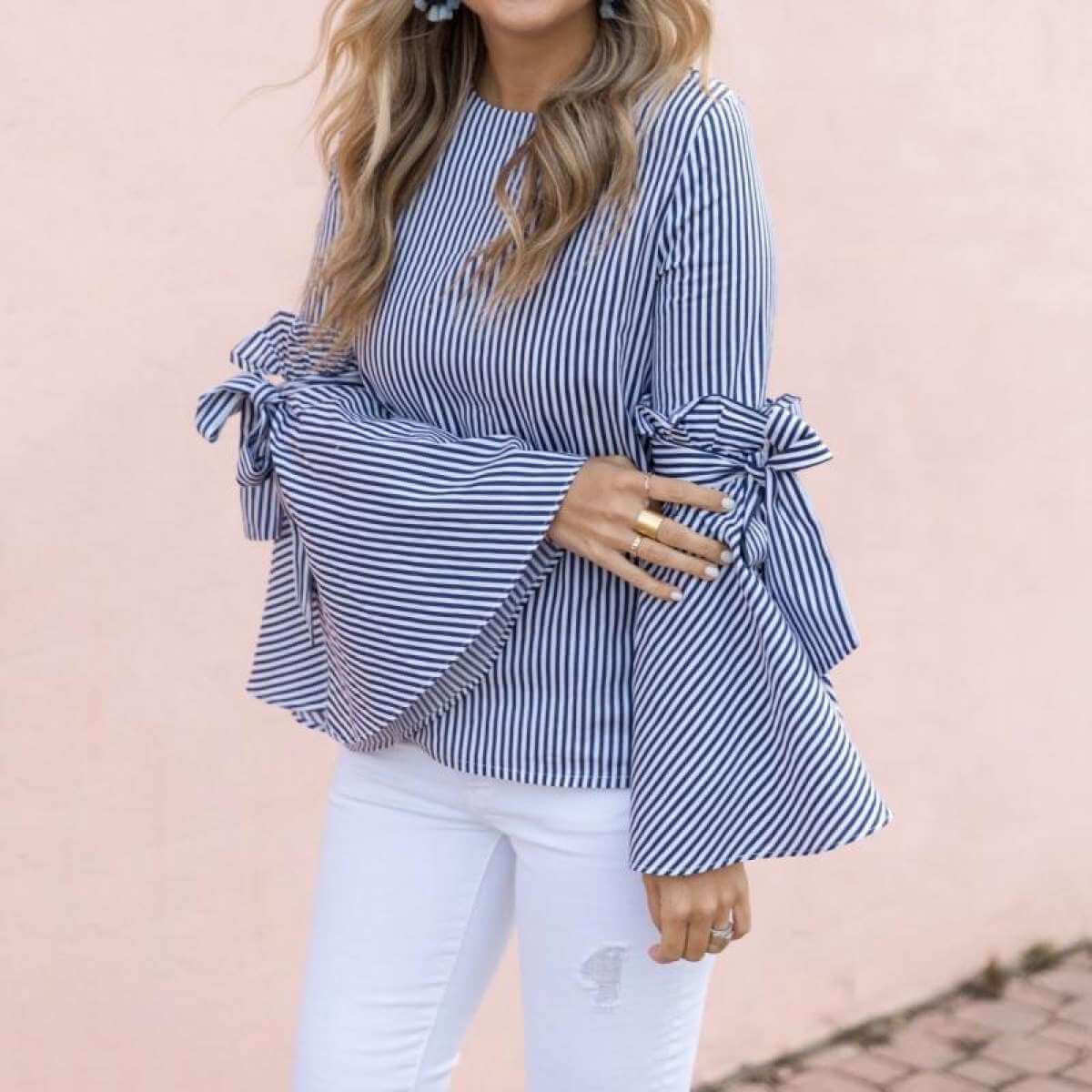 Damen Streifen Bowknot Flare Sleeve-Bella Webshop