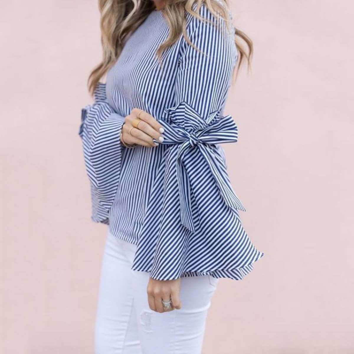 Damen Streifen Bowknot Flare Sleeve-Bella Webshop