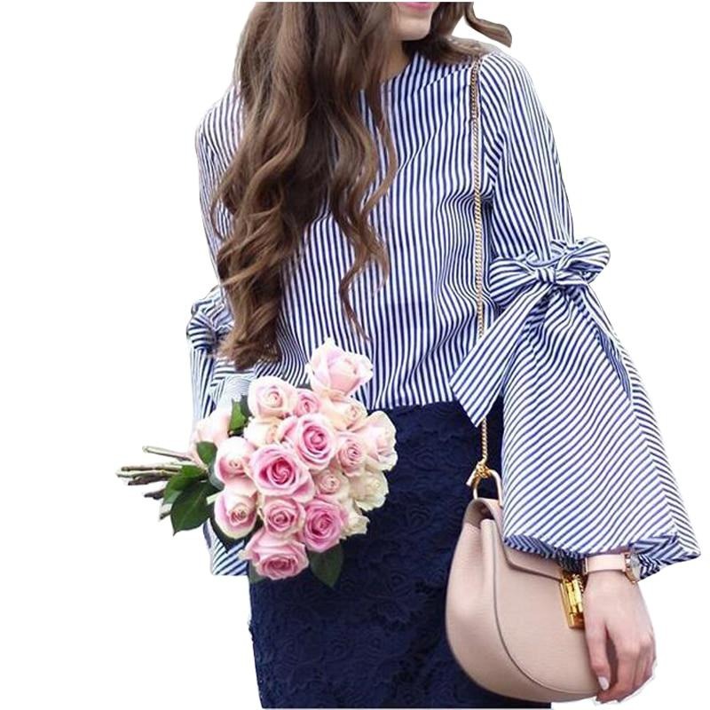Damen Streifen Bowknot Flare Sleeve-Bella Webshop