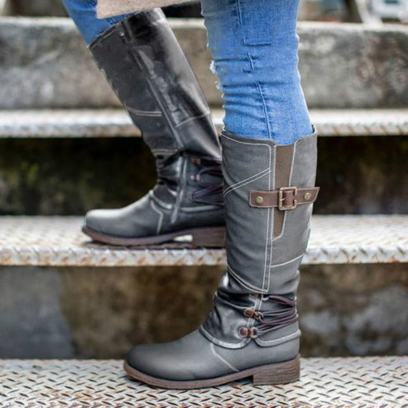 Damen Vintage Leder Zipper Stiefel-Bella Webshop
