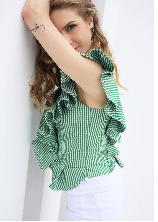 Eine Schulter Flounce Streifen Bluse-Bella Webshop