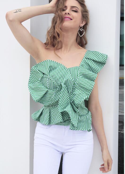 Eine Schulter Flounce Streifen Bluse-Bella Webshop