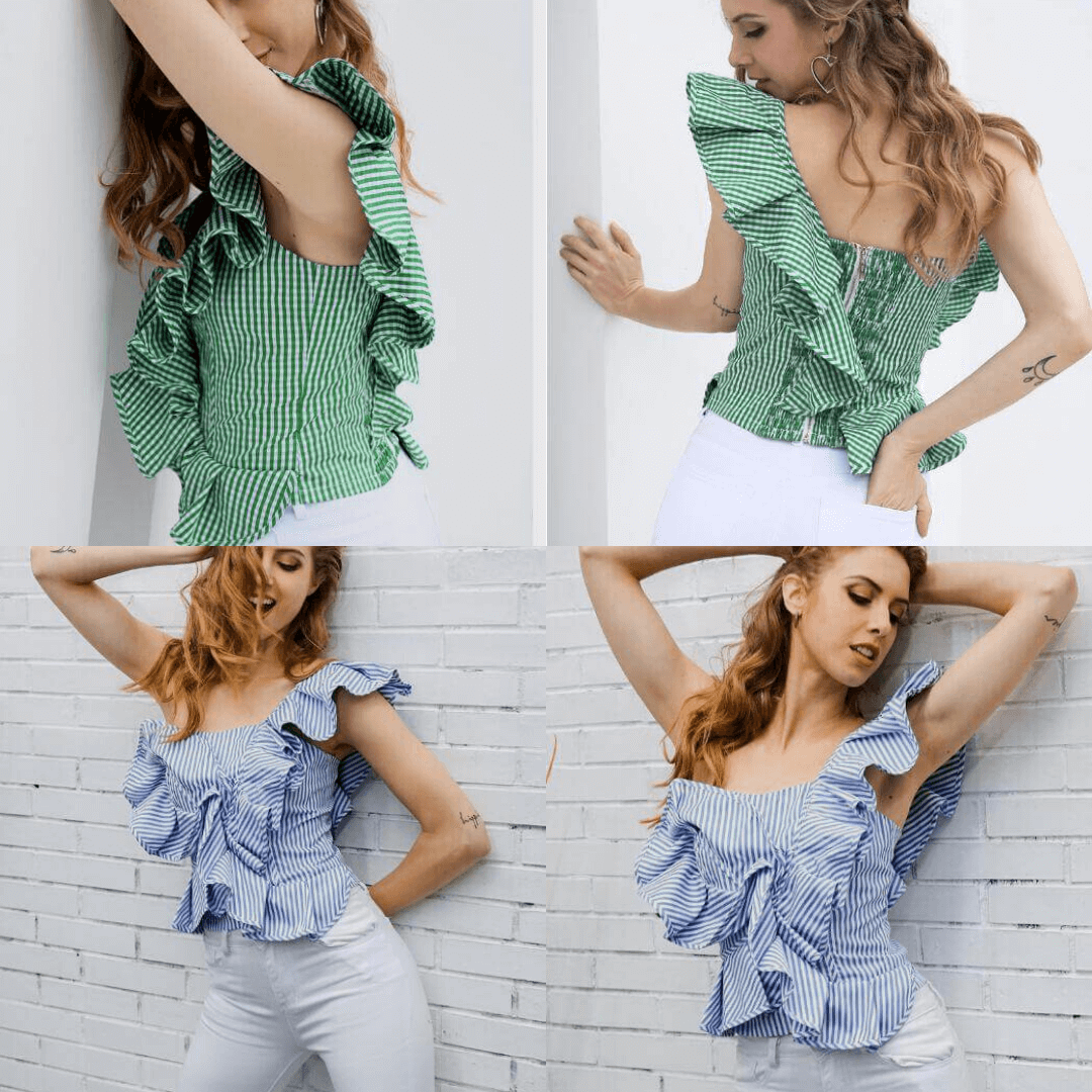 Eine Schulter Flounce Streifen Bluse-Bella Webshop