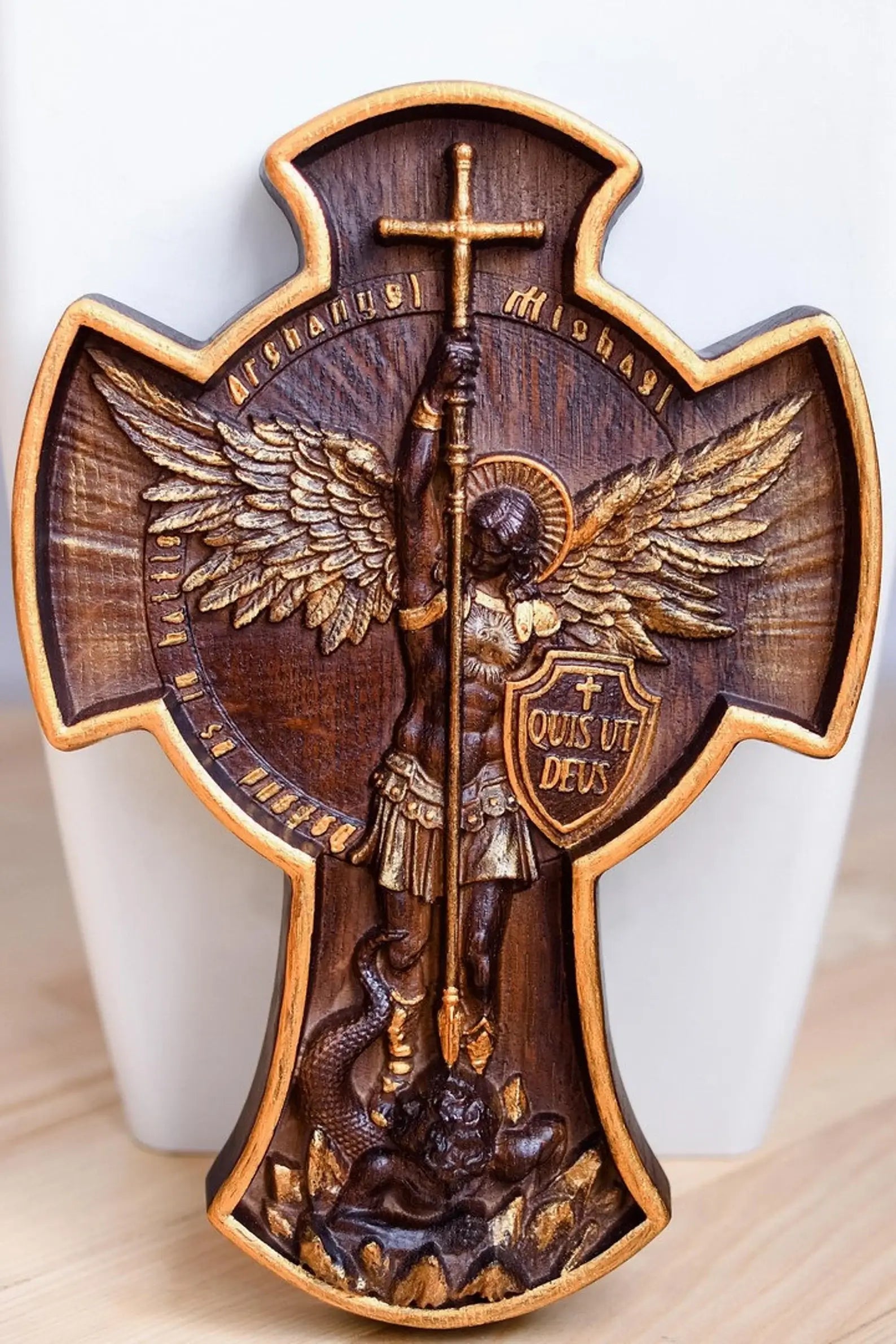 Erzengel Michael Aus Holz Geschnitzt Wanddekoration-Bella Webshop