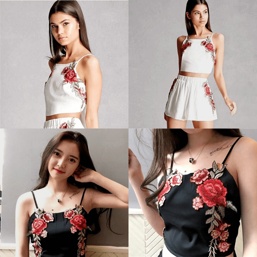 Floral Besticktes Crop Top Und Shorts Set-Bella Webshop