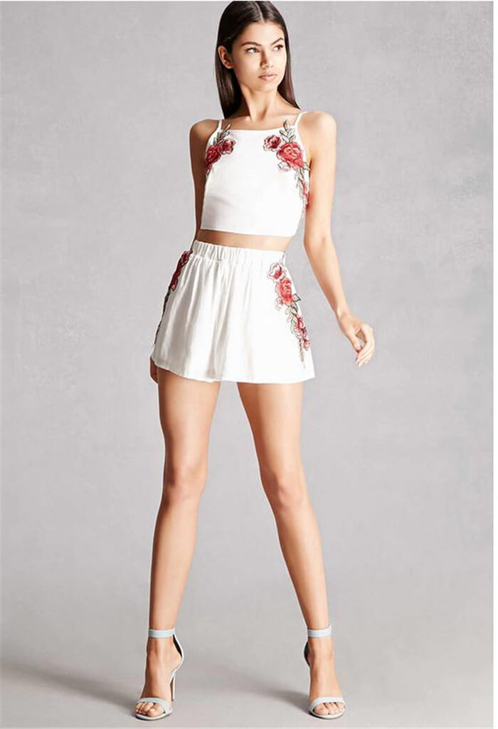 Floral Besticktes Crop Top Und Shorts Set-Bella Webshop