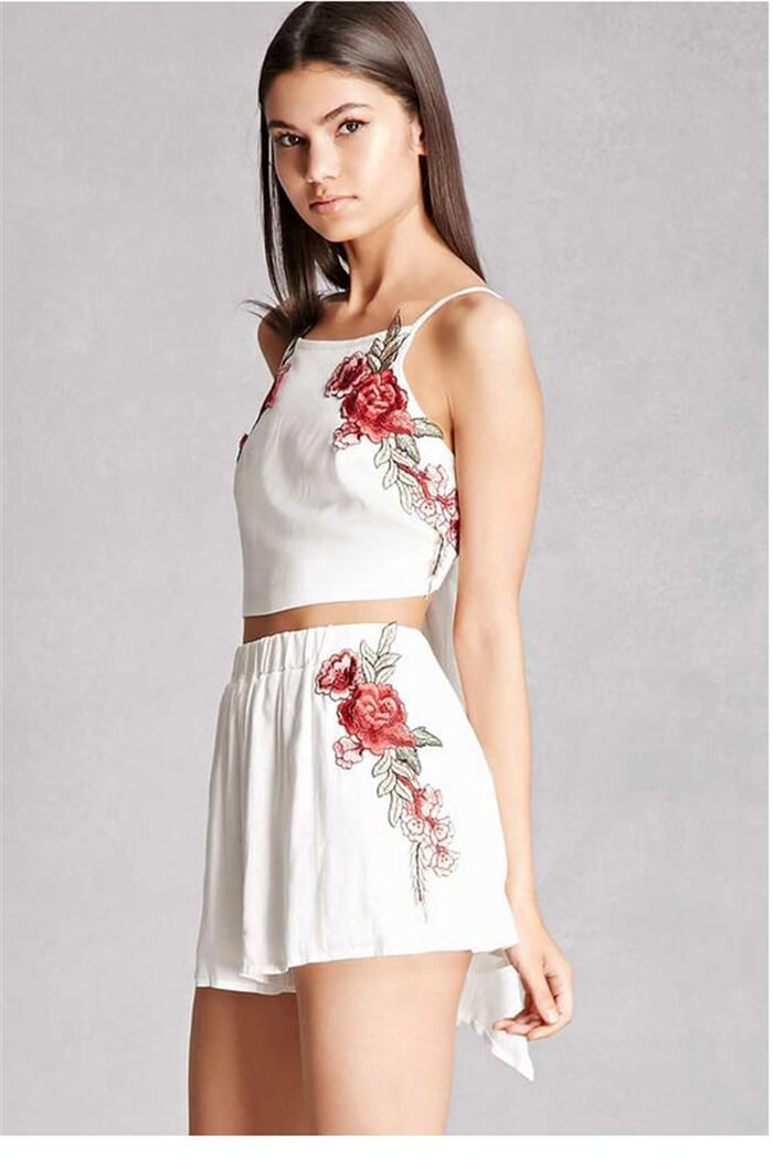 Floral Besticktes Crop Top Und Shorts Set-Bella Webshop