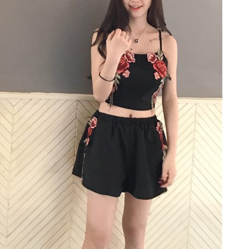 Floral Besticktes Crop Top Und Shorts Set-Bella Webshop