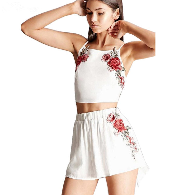 Floral Besticktes Crop Top Und Shorts Set-Bella Webshop