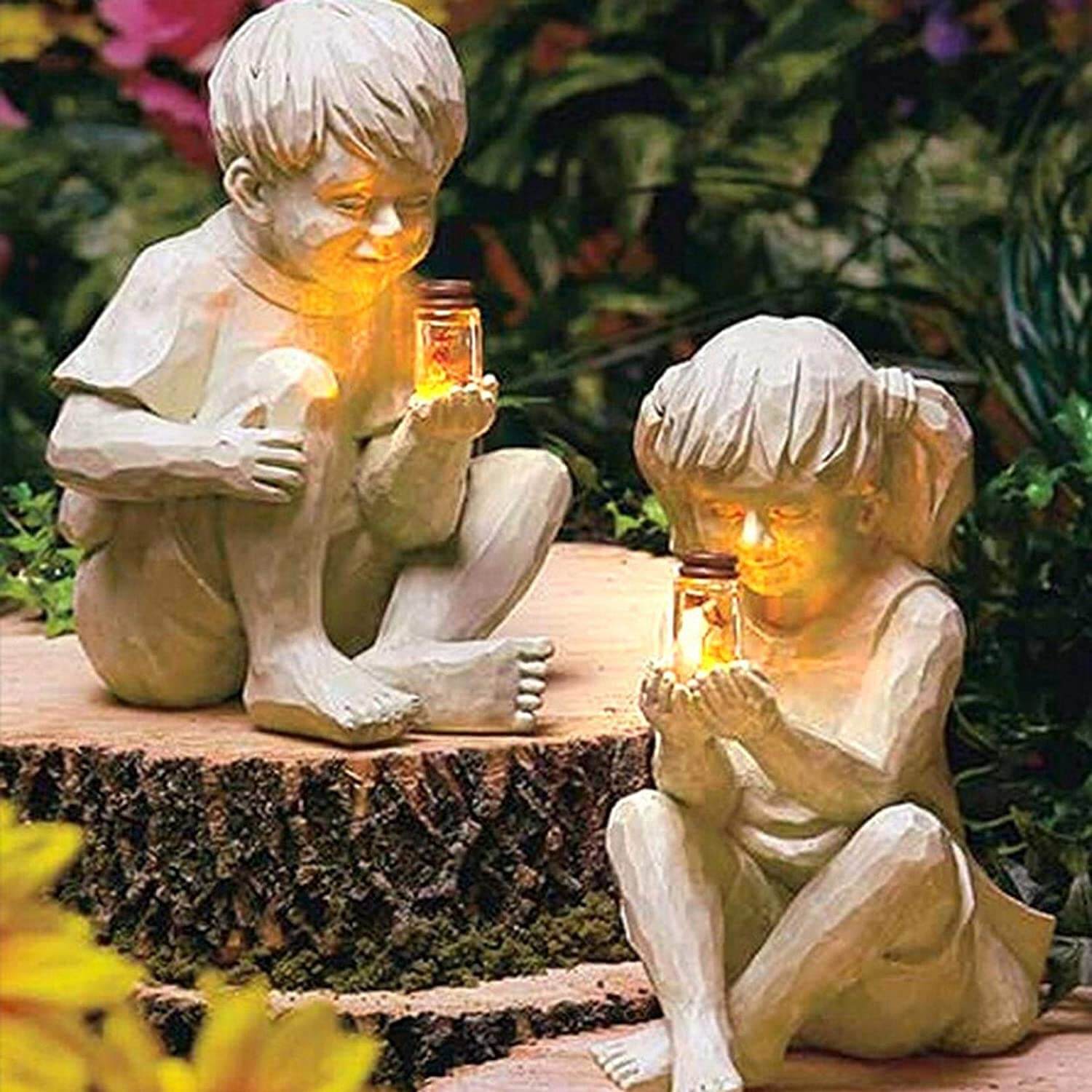 Kinder Mit Solar-Glühwürmchen Gartenstatuen-Bella Webshop