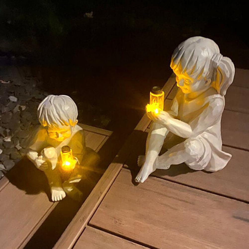 Kinder Mit Solar-Glühwürmchen Gartenstatuen-Bella Webshop